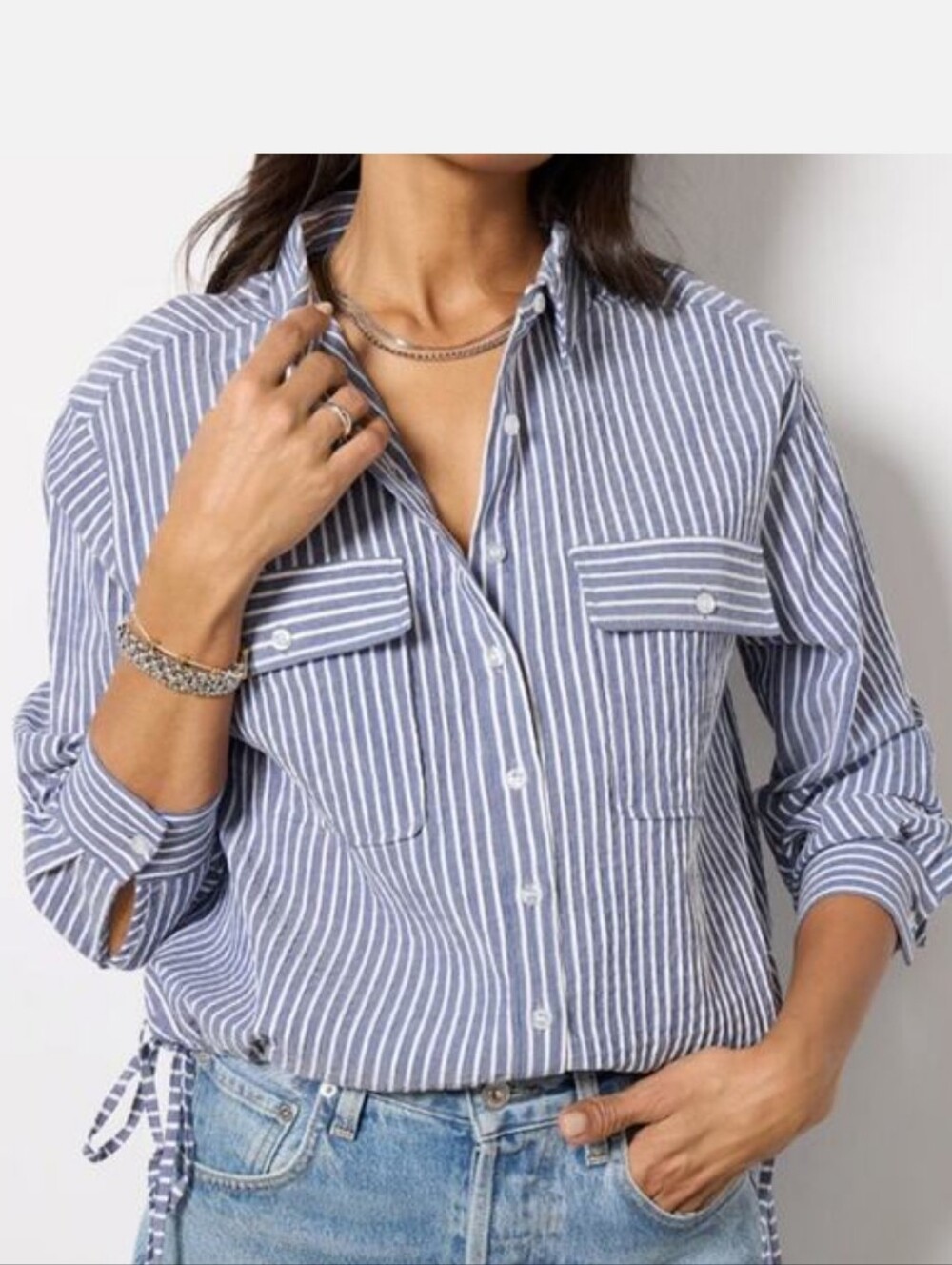 Evereve Blue Striped Button Front Louise Side Tie Shirt  88.00